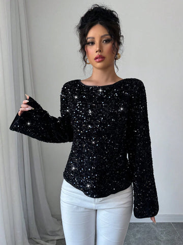 Elenzga Women Long Sleeve Loose Sexy Sequin Bow Knot Cropped Top