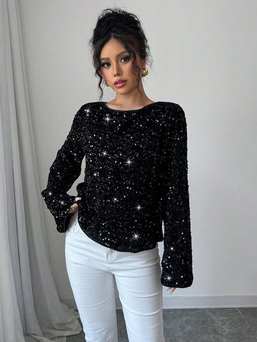 Elenzga Women Long Sleeve Loose Sexy Sequin Bow Knot Cropped Top