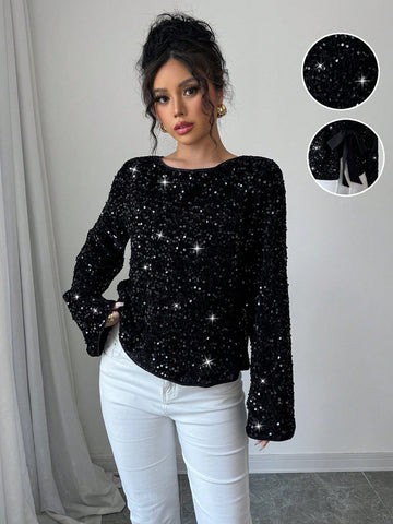 Elenzga Women Long Sleeve Loose Sexy Sequin Bow Knot Cropped Top