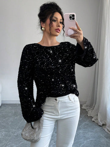 Elenzga Women Long Sleeve Loose Sexy Sequin Bow Knot Cropped Top