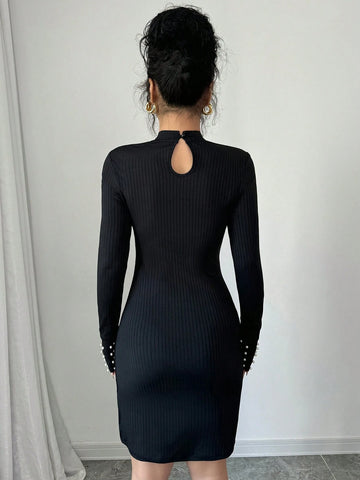 Elenzga Women Ribbed Knit Bubble Hem Long Sleeve Stand Collar Fitted Casual Sweater Dress