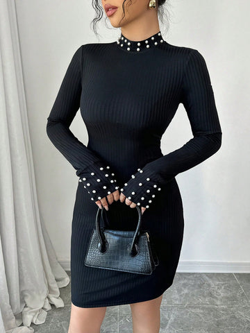 Elenzga Women Ribbed Knit Bubble Hem Long Sleeve Stand Collar Fitted Casual Sweater Dress