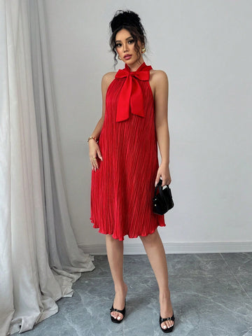 Elenzga Women Solid Color Bow Tie Neck Sleeveless Dress