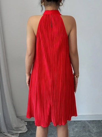 Elenzga Women Solid Color Bow Tie Neck Sleeveless Dress