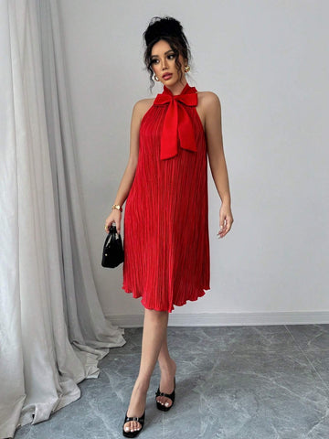 Elenzga Women Solid Color Bow Tie Neck Sleeveless Dress