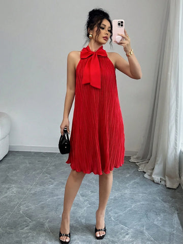 Elenzga Women Solid Color Bow Tie Neck Sleeveless Dress