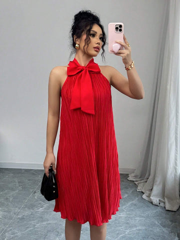 Elenzga Women Solid Color Bow Tie Neck Sleeveless Dress