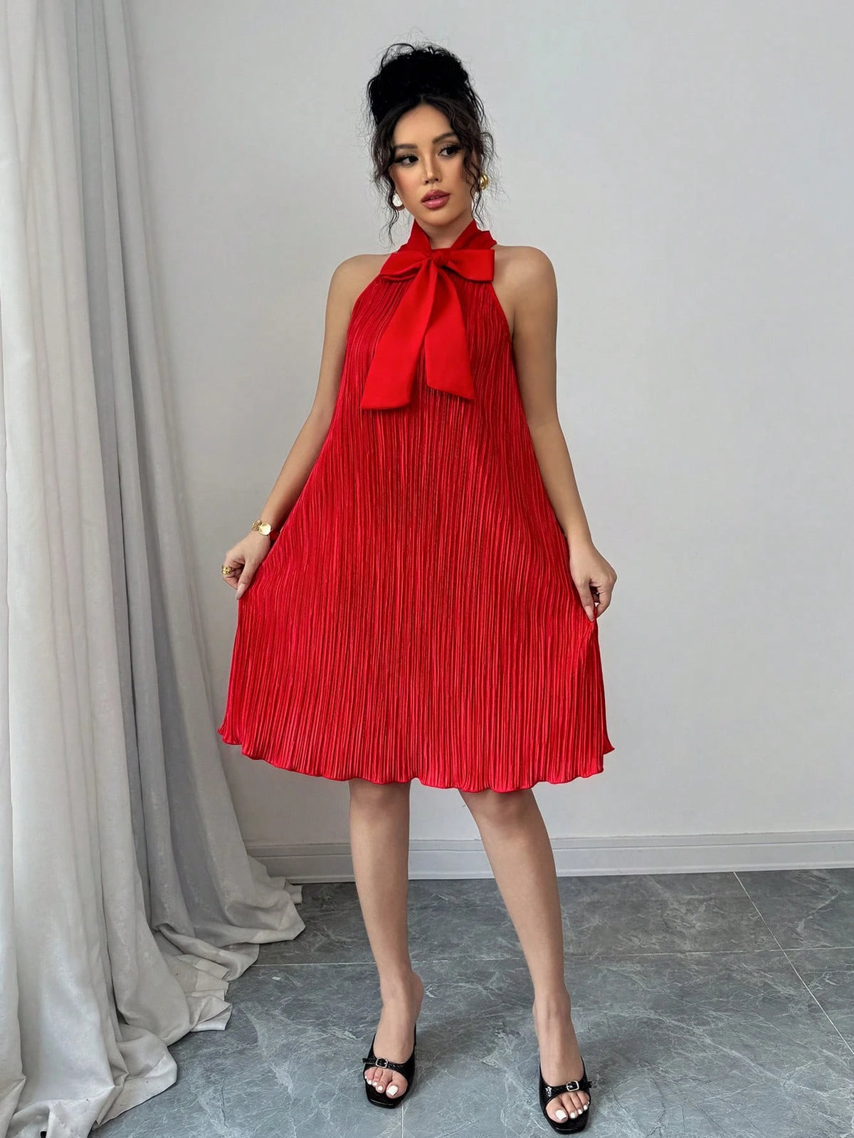 Elenzga Women Solid Color Bow Tie Neck Sleeveless Dress