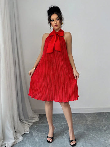 Elenzga Women Solid Color Bow Tie Neck Sleeveless Dress