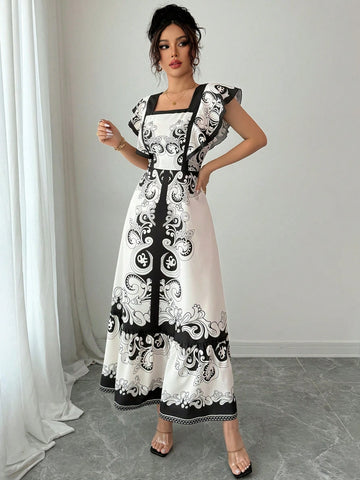 Elenzga Women Square Neck Short Sleeve Printed Design Dress