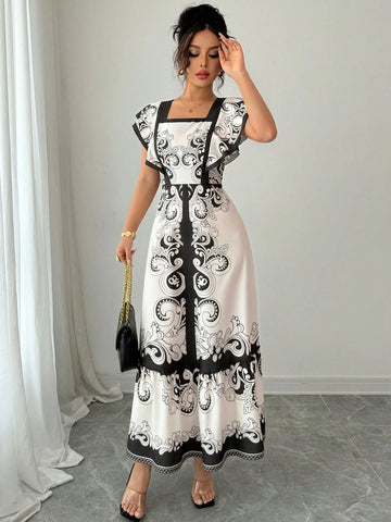 Elenzga Women Square Neck Short Sleeve Printed Design Dress
