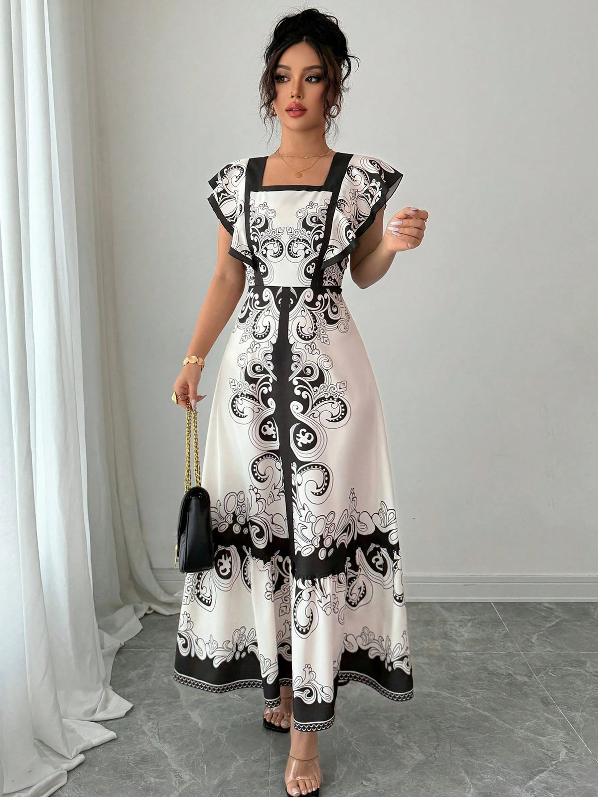Elenzga Women Square Neck Short Sleeve Printed Design Dress