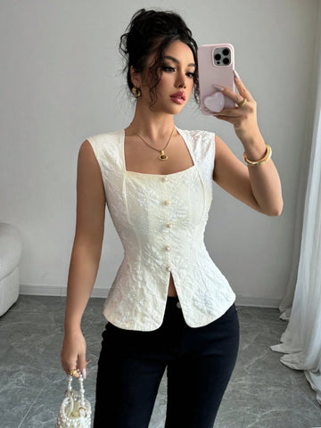 Elenzga Women's Apricot Color Jacquard Button Design Slim Fit Sleeveless Blouse,