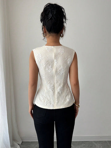 Elenzga Women's Apricot Color Jacquard Button Design Slim Fit Sleeveless Blouse,