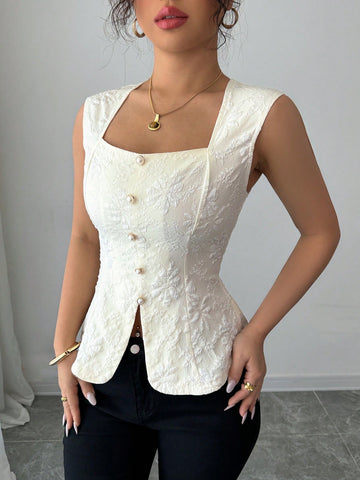 Elenzga Women's Apricot Color Jacquard Button Design Slim Fit Sleeveless Blouse,