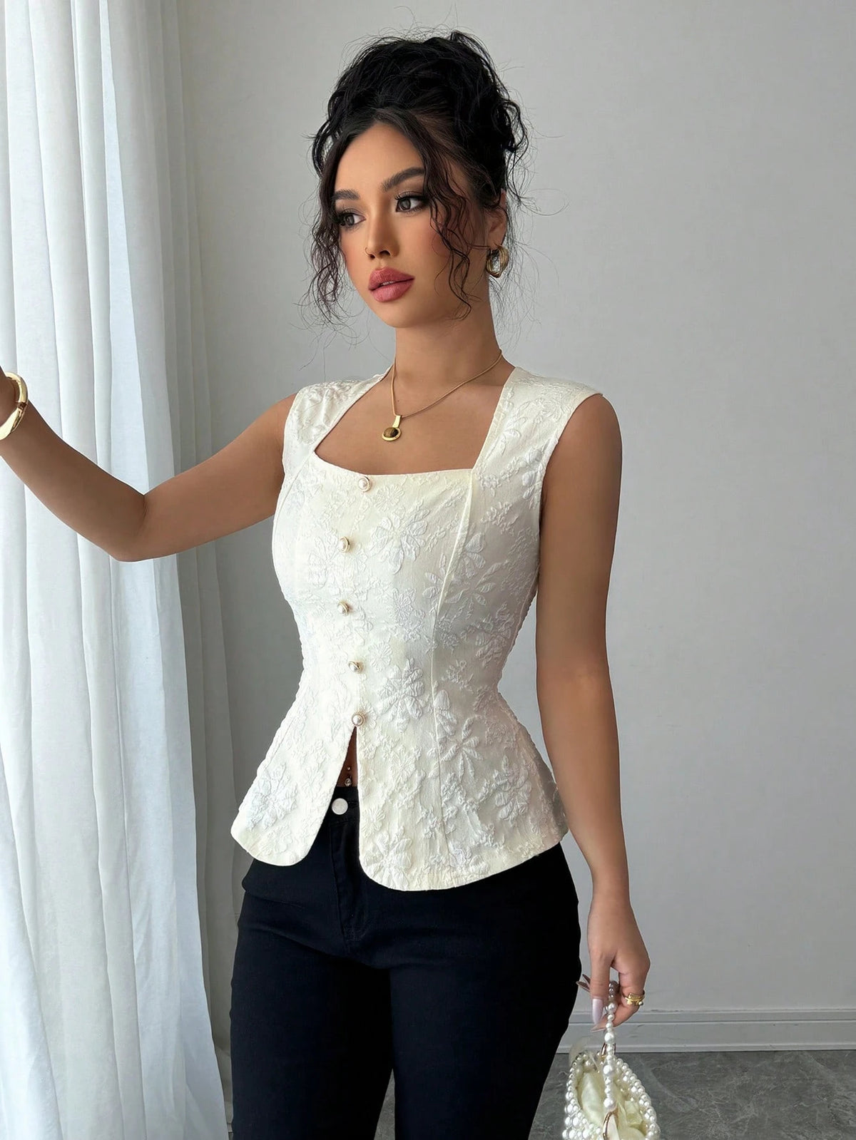 Elenzga Women's Apricot Color Jacquard Button Design Slim Fit Sleeveless Blouse,