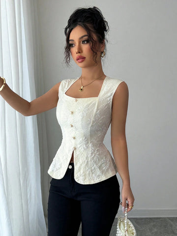 Elenzga Women's Apricot Color Jacquard Button Design Slim Fit Sleeveless Blouse,