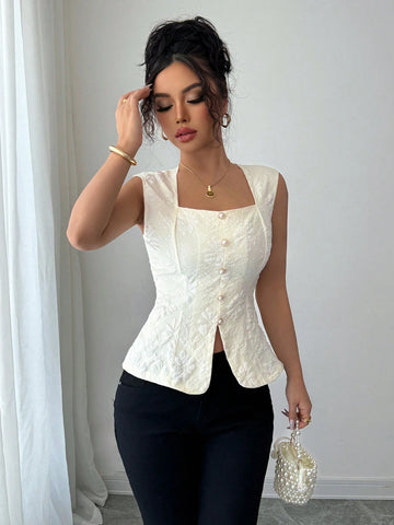 Elenzga Women's Apricot Color Jacquard Button Design Slim Fit Sleeveless Blouse,