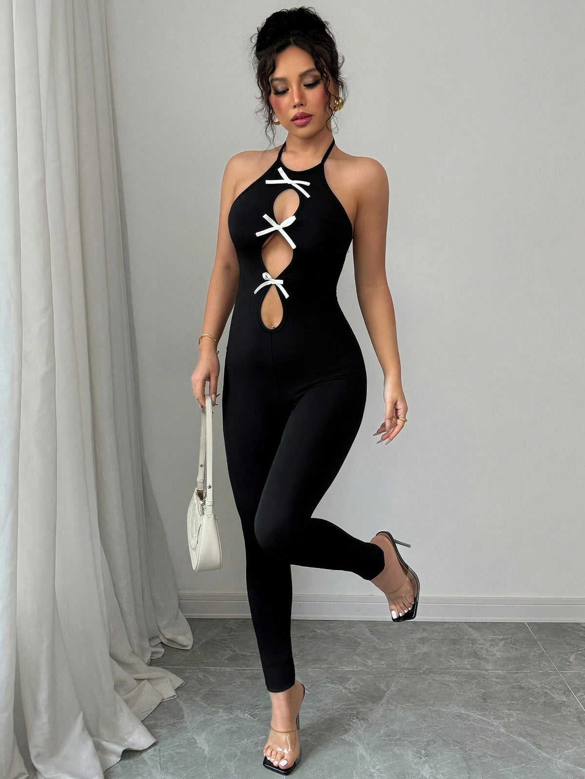 Elenzga Women's Bow Decor Backless Sexy Skinny Catsuit