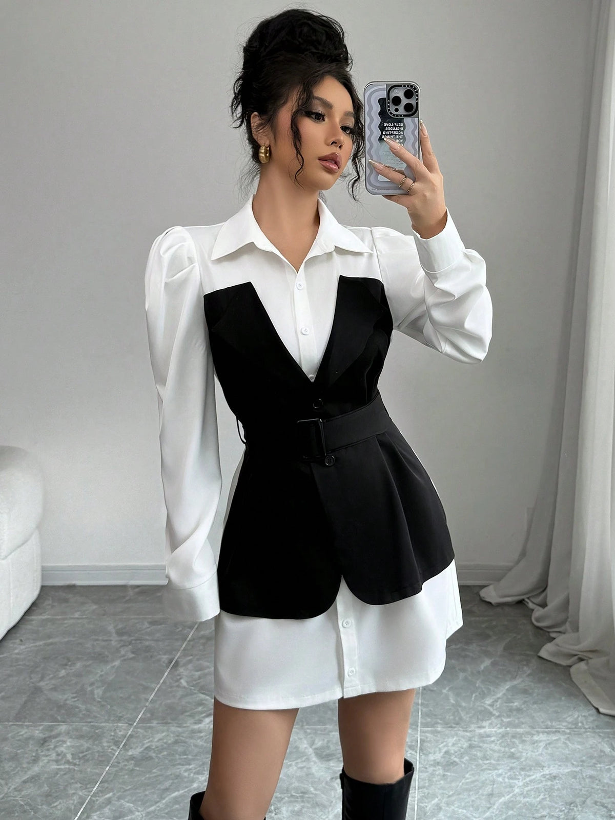 Elenzga Women's Bubble Sleeve Casual Fashion Shirt Dress