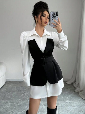 Elenzga Women's Bubble Sleeve Casual Fashion Shirt Dress