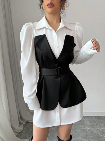 Elenzga Women's Bubble Sleeve Casual Fashion Shirt Dress