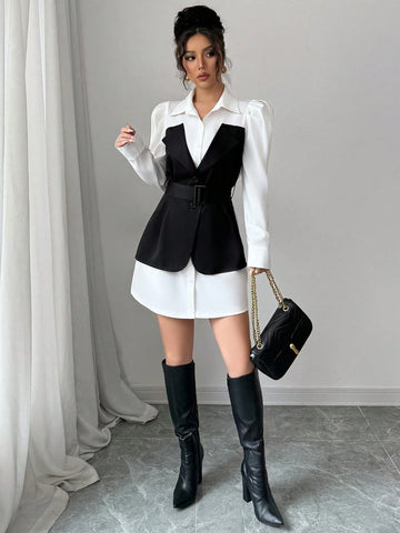 Elenzga Women's Bubble Sleeve Casual Fashion Shirt Dress