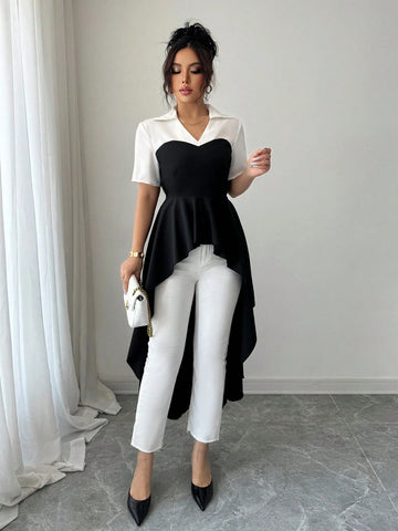 Elenzga Women's Casual Elegant Commute/Holiday Black & White Color Block Wavy Long Sleeve Shirt