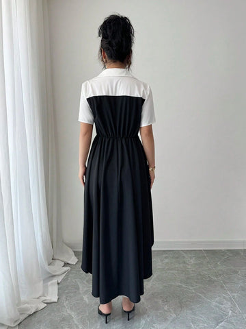 Elenzga Women's Casual Elegant Commute/Holiday Black & White Color Block Wavy Long Sleeve Shirt