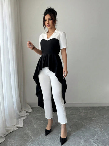 Elenzga Women's Casual Elegant Commute/Holiday Black & White Color Block Wavy Long Sleeve Shirt