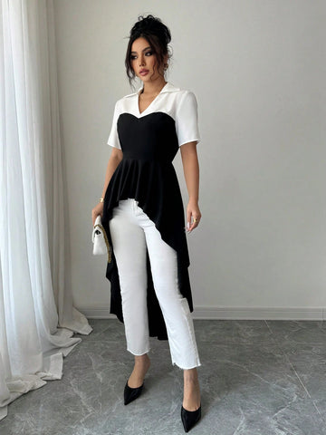 Elenzga Women's Casual Elegant Commute/Holiday Black & White Color Block Wavy Long Sleeve Shirt