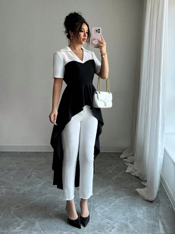 Elenzga Women's Casual Elegant Commute/Holiday Black & White Color Block Wavy Long Sleeve Shirt