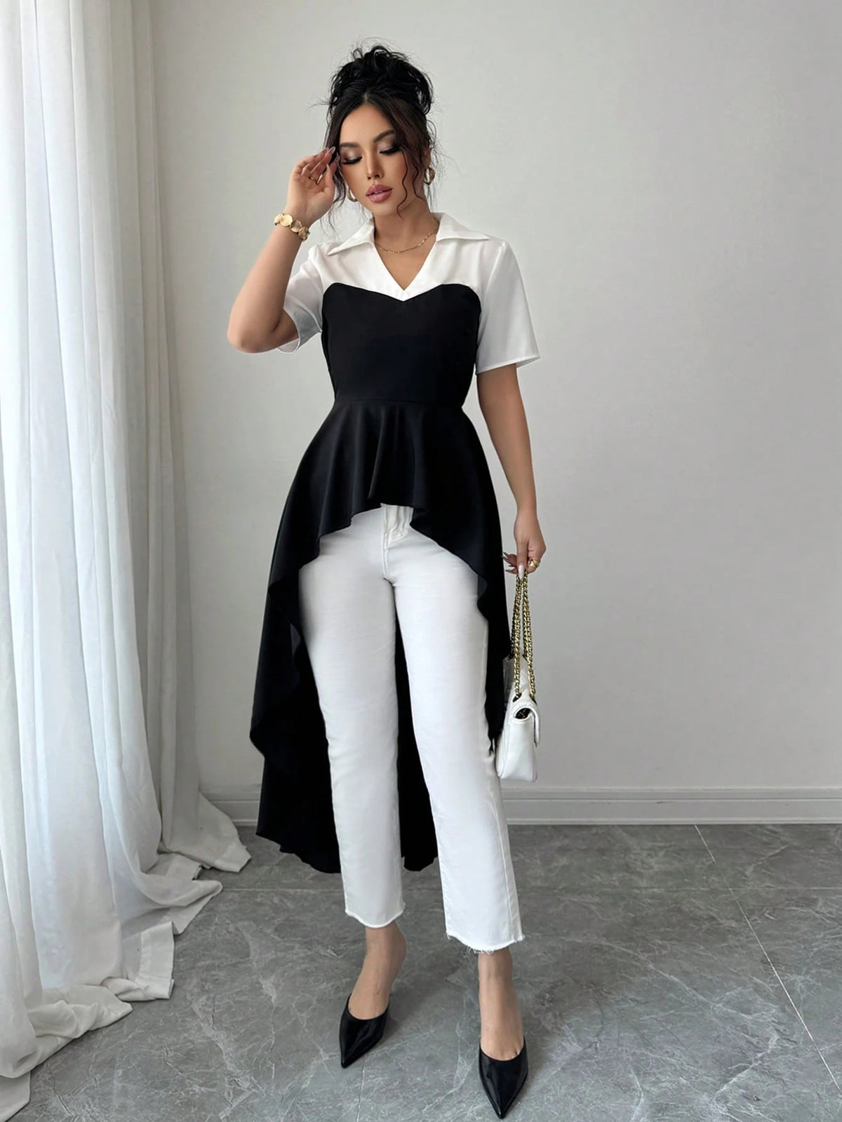 Elenzga Women's Casual Elegant Commute/Holiday Black & White Color Block Wavy Long Sleeve Shirt