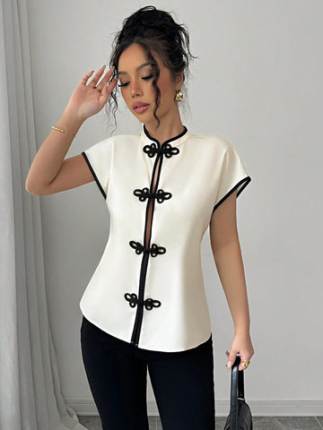 Women's Casual Short Sleeve Blouse With Contrast Collor, Cuffs And Placket, Apricot & Black Color Block