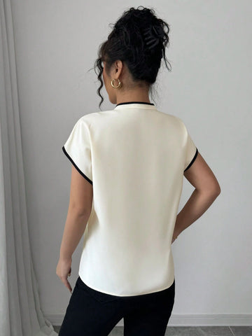Women's Casual Short Sleeve Blouse With Contrast Collor, Cuffs And Placket, Apricot & Black Color Block