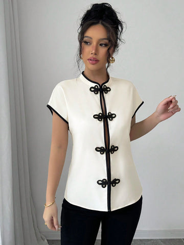 Women's Casual Short Sleeve Blouse With Contrast Collor, Cuffs And Placket, Apricot & Black Color Block