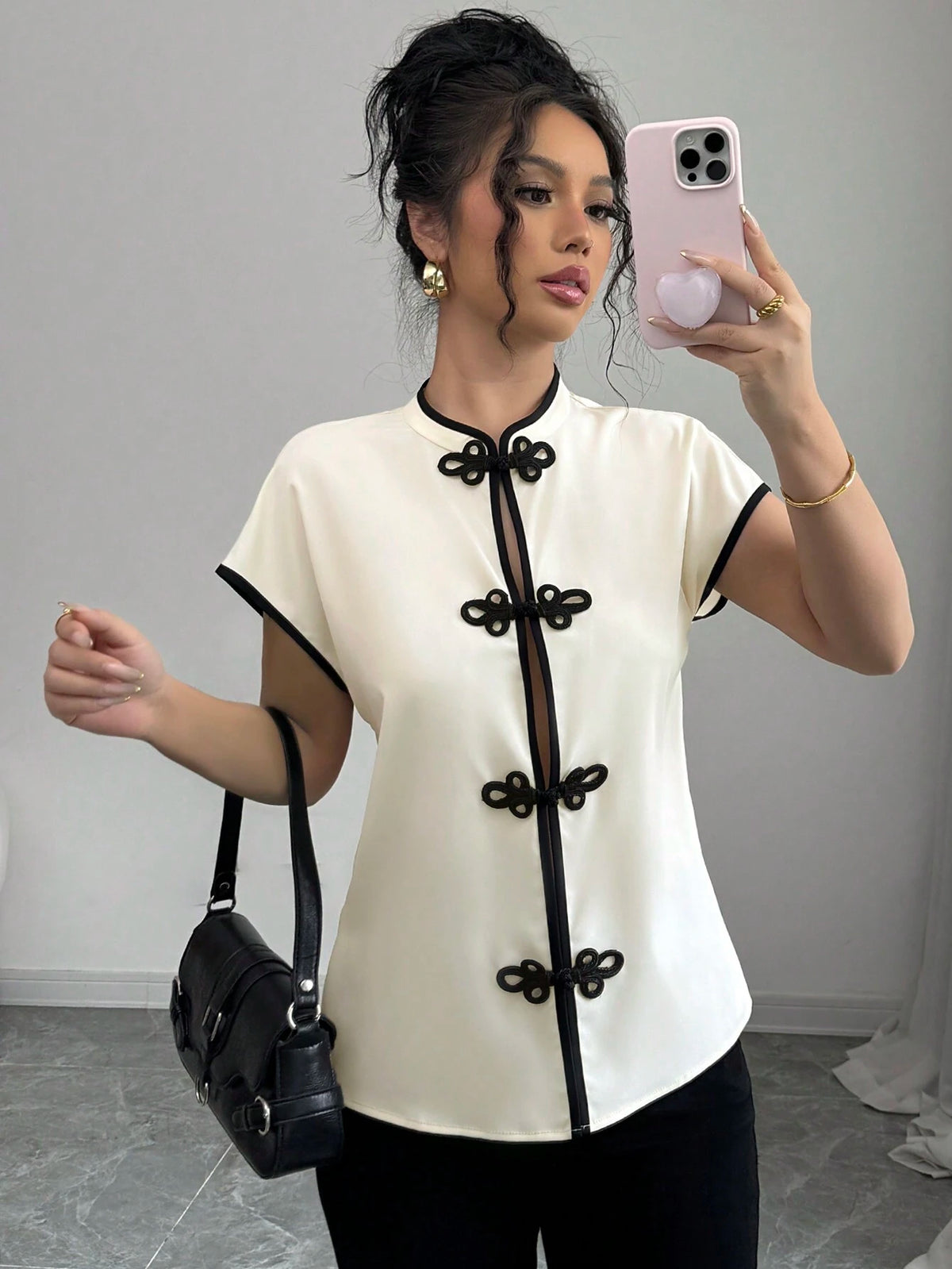 Women's Casual Short Sleeve Blouse With Contrast Collor, Cuffs And Placket, Apricot & Black Color Block