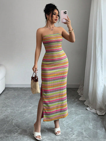 Elenzga Women's Casual Vacation Colorful Striped Bandeau Sleeveless Maxi Dress, Suitable For Summer