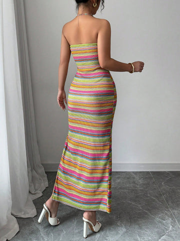 Elenzga Women's Casual Vacation Colorful Striped Bandeau Sleeveless Maxi Dress, Suitable For Summer