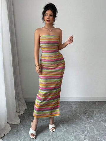 Elenzga Women's Casual Vacation Colorful Striped Bandeau Sleeveless Maxi Dress, Suitable For Summer