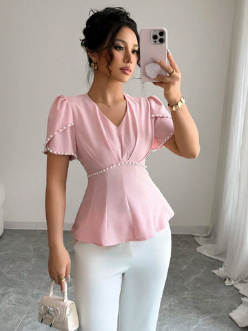 Women's Elegant Asymmetrical Pearl Beaded Waist Short Sleeve Shirt, Summer
