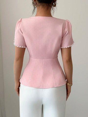 Women's Elegant Asymmetrical Pearl Beaded Waist Short Sleeve Shirt, Summer