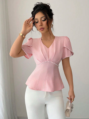 Women's Elegant Asymmetrical Pearl Beaded Waist Short Sleeve Shirt, Summer