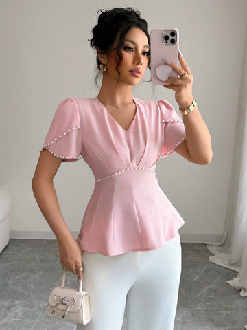 Women's Elegant Asymmetrical Pearl Beaded Waist Short Sleeve Shirt, Summer