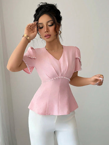 Women's Elegant Asymmetrical Pearl Beaded Waist Short Sleeve Shirt, Summer