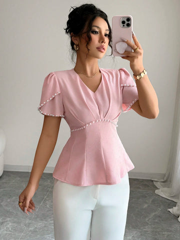 Women's Elegant Asymmetrical Pearl Beaded Waist Short Sleeve Shirt, Summer