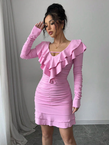Elenzga Women's Elegant Fashion Commute Valentines Day Long Sleeve V-Neck Gathered Waist Ruffle Hem Solid Color Knit Dress