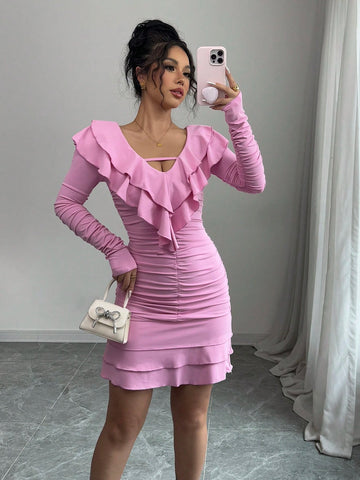 Elenzga Women's Elegant Fashion Commute Valentines Day Long Sleeve V-Neck Gathered Waist Ruffle Hem Solid Color Knit Dress