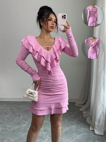 Elenzga Women's Elegant Fashion Commute Valentines Day Long Sleeve V-Neck Gathered Waist Ruffle Hem Solid Color Knit Dress