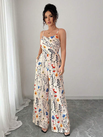 Elenzga Women's Elegant Flower Print Sleeveless Wide Leg Jumpsuit With Plunge Neckline, Spring/Summer